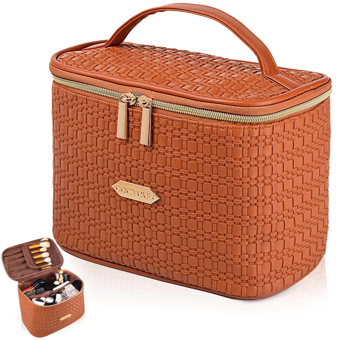 CaCTOUR Make Up Bags for WomenPortable Cosmetic Organizer BagLarge Makeup Organizer Bag Travel with Brush Storage (Brown)